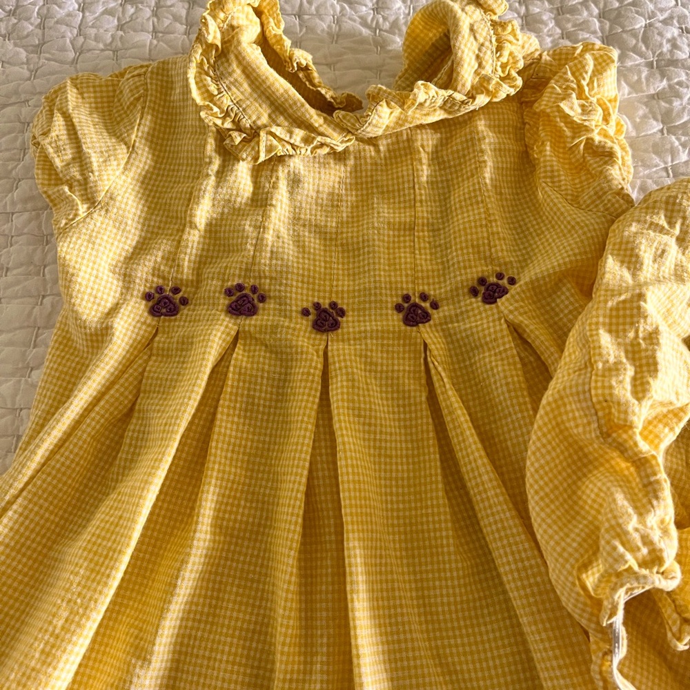 Yellow Gingham Dress with Purple Paw Embroidery
